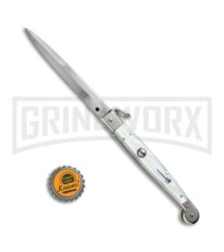 A.G.A. Campolin 9" Sicilian Ring Pull White Pearlex Automatic Knife - Bayonet -Kershaw Shop AGA Campolin 9in Sicilian White Pearlex Ring Pull Bayo BP 19445 jr bottlecap large