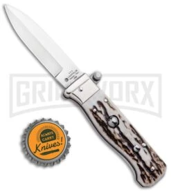AGA Campolin Piccolo Stag Italian Automatic Knife - Satin Plain -Kershaw Shop AGA Campolin Piccolo Italian Stiletto Auto Stag Satin BHQ 94619 jr bottlecap large