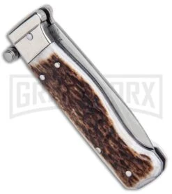 AGA Campolin Piccolo Stag Italian Automatic Knife - Satin Plain -Kershaw Shop AGA Campolin Piccolo Italian Stiletto Auto Stag Satin BHQ 94619 jr side large