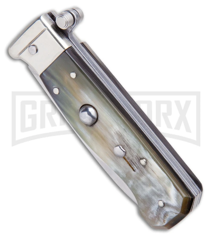 AGA Campolin Piccolo Brazilian Horn Italian Automatic Knife - Satin Plain 4 AGA Campolin Piccolo Brazilian Horn Italian Automatic Knife - Satin Plain - Image 2