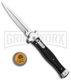 AGA Campolin Zero Black Coated Leverlock Automatic Knife - Dagger Polish Plain -Kershaw Shop AGA Campolin Zero Dagger LL Auto Black Coated Polish AGA01LN LD BHQ 92042 jr bottlecap large