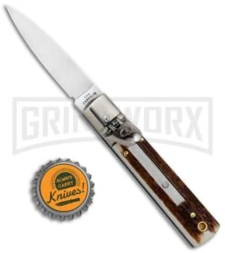 AGA 6" Mini Classic Lever Lock Stag Automatic Knife - Satin Plain -Kershaw Shop AGA Classic 6in LL Auto Italian Stag Satin GX 36958 jr bottlecap large