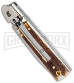 AGA 6" Mini Classic Lever Lock Stag Automatic Knife - Satin Plain -Kershaw Shop AGA Classic 6in LL Auto Italian Stag Satin GX 36958 jr spine large