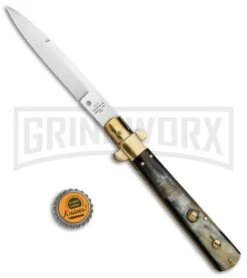 AGA Campolin 11" Frosolone Brazilian Horn/Brass Stiletto Automatic - Bayonet -Kershaw Shop AGA Frosolone Brazilian Brass 11in Bayo BP 29290 jr bottlecap large