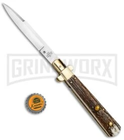 AGA Campolin 11" Frosolone Stag/Brass Stiletto Automatic Knife - Bayonet 11 AGA Campolin 11" Frosolone Stag/Brass Stiletto Automatic Knife - Bayonet -Kershaw Shop AGA Frosolone Stag Brass 11in Bayo BP 29297 jr bottlecap large