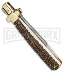 AGA Campolin 11" Frosolone Stag/Brass Stiletto Automatic Knife - Bayonet 9 AGA Campolin 11" Frosolone Stag/Brass Stiletto Automatic Knife - Bayonet -Kershaw Shop AGA Frosolone Stag Brass 11in Bayo BP 29297 jr side large