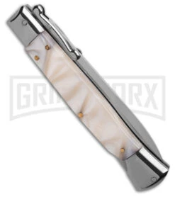 AKC Italian Stiletto Swinguard White Pearlex Automatic Knife - Polish Plain -Kershaw Shop AKC 10in Italian Stiletto Swinguard White Pearlex Automatic Knife Polish Plain GX 41442 hd side large