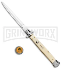 AKC 13" Sim Ivory Acrylic Automatic Italian Dagger Stiletto (Satin Plain) -Kershaw Shop AKC 13in Sim Ivory Handle Auto Stiletto Dagger GX 2387 jr bottlecap large