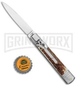 AKC 7.75" Slimline Lever Lock Stag Horn Automatic Knife - Clip Point Flat 9 AKC 7.75" Slimline Lever Lock Stag Horn Automatic Knife - Clip Point Flat -Kershaw Shop AKC 7.5in Slimline LL Auto Stag Horn Satin Flat BHQ 122385 jr bottlecap large