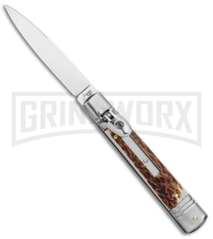 AKC 7.75" Slimline Lever Lock Stag Horn Automatic Knife - Clip Point Flat 3 AKC 7.75" Slimline Lever Lock Stag Horn Automatic Knife - Clip Point Flat