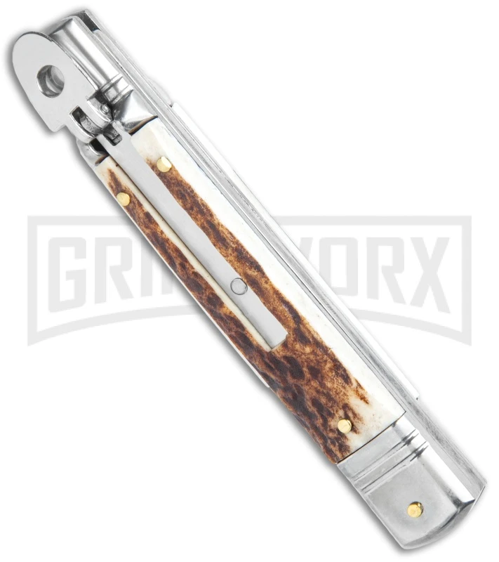 AKC 7.75" Slimline Lever Lock Stag Horn Automatic Knife - Clip Point Flat 4 AKC 7.75" Slimline Lever Lock Stag Horn Automatic Knife - Clip Point Flat - Image 2