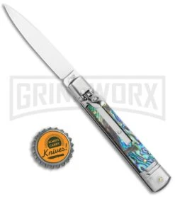 AKC 7.75" Slimline Lever Lock Abalone Automatic Knife - Clip Point Flat -Kershaw Shop AKC 7.75in Slimline LL Auto Abalone Satin Flat BHQ 122384 jr bottlecap large