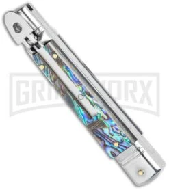 AKC 7.75" Slimline Lever Lock Abalone Automatic Knife - Clip Point Flat -Kershaw Shop AKC 7.75in Slimline LL Auto Abalone Satin Flat BHQ 122384 jr spine large