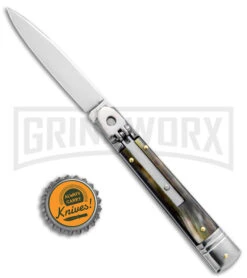 AKC 8" Italian Stiletto Leverlock Automatic Knife - Flat Grind -Kershaw Shop AKC 8in Italian Stiletto LL Auto Flat Grind GX 15871 jr bottlecap large