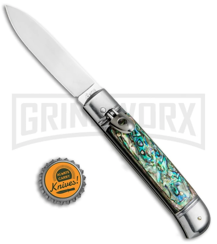 AKC 8" Italian Stiletto Leverlock Abalone Automatic Knife - Flat 6 AKC 8" Italian Stiletto Leverlock Abalone Automatic Knife - Flat - Image 4