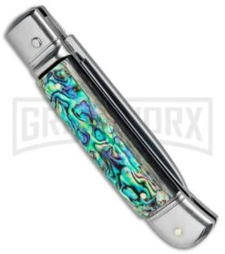 AKC 8" Italian Stiletto Leverlock Abalone Automatic Knife - Flat 8 AKC 8" Italian Stiletto Leverlock Abalone Automatic Knife - Flat -Kershaw Shop AKC 8in LL Italian Auto Abalone Polish Flat BHQ 82042 jr side large