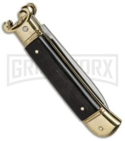 AKC 8" Shot Shell Puller Lever Lock Ebony W/ Brass Automatic Knife - Flat Plain -Kershaw Shop AKC 8in Shot Puller LL Ebony Wood Brass BP 19885 jr side large