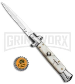 9" Anomaly Stiletto White Pearlex Automatic Knife - Satin Bayonet -Kershaw Shop AKC 9in Stiletto White Pearlex Auto Bayo GX 37958 jr bottlecap large