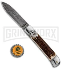 AKC 8" Italian Stiletto Lever Lock Stag Automatic Knife - Damascus Plain -Kershaw Shop AKC Classic 8in LL Stag Horn Damascus Flat BP 30458 jr bottlecap large