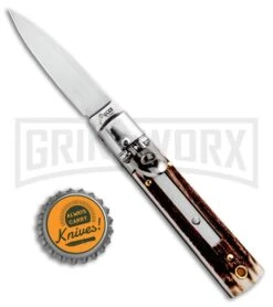 AKC 6" Mini Classic Lever Lock Stag Automatic Knife - Satin Plain -Kershaw Shop AKC Classic LL Stag BHQ 50855 jr bottlecap large