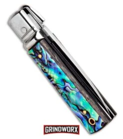 AKC 6" Mini Classic Lever Lock Abalone Automatic Knife - Satin Plain -Kershaw Shop AKC Classic Lever Lock Abalone BHQ 94620 ns.side large
