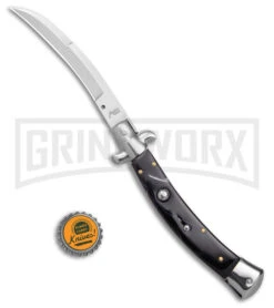 AKC Curved Stiletto Black Marble Automatic Knife W/Bottom Bolster - Satin Plain -Kershaw Shop AKC Curved Stiletto Black Marble Auto Satin GX 41027 jr bottlecap large