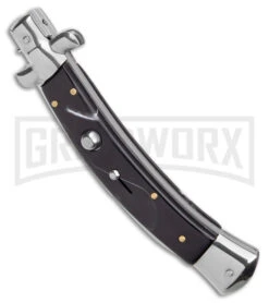 AKC Curved Stiletto Black Marble Automatic Knife W/Bottom Bolster - Satin Plain -Kershaw Shop AKC Curved Stiletto Black Marble Auto Satin GX 41027 jr spine large