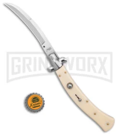 AKC Curved Stiletto Ivory Automatic Knife - Satin Plain -Kershaw Shop AKC Curved Stiletto Ivory Auto Satin GX 41026 jr bottlecap large