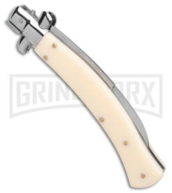 AKC Curved Stiletto Ivory Automatic Knife - Satin Plain -Kershaw Shop AKC Curved Stiletto Ivory Auto Satin GX 41026 jr side large