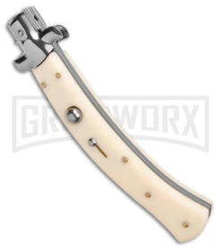 AKC Curved Stiletto Ivory Automatic Knife - Satin Plain -Kershaw Shop AKC Curved Stiletto Ivory Auto Satin GX 41026 jr spine large