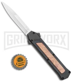 AKC F-16 Black/Wood D/A OTF Automatic Knife - Bayo Satin Plain -Kershaw Shop AKC F 16 Black Wood DA OTF Auto Bayo Satin Plain BP 24620 jr bottlecap large