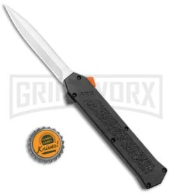 AKC F-16 Black D/A OTF Automatic Knife + Orange Button - Dagger Satin Plain -Kershaw Shop AKC F 16 DA Dagger OTF Auto Black Orange Button Satin BHQ 98892 jr bottlecap large