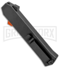 AKC F-16 Black D/A OTF Automatic Knife + Orange Button - Dagger Satin Plain -Kershaw Shop AKC F 16 DA Dagger OTF Auto Black Orange Button Satin BHQ 98892 jr side large
