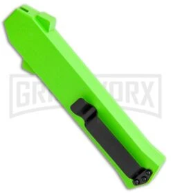 AKC F-16 Neon Green D/A OTF Automatic Knife - Dagger Satin Plain -Kershaw Shop AKC F 16 DA Dagger OTF Auto Neon Green Satin BHQ 113380 jr side large