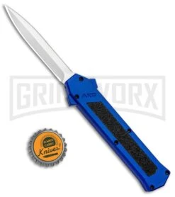 AKC F-16 Blue D/A OTF Automatic Knife - Dagger Satin Plain -Kershaw Shop AKC F 16 DA Dagger OTF Blue Satin BHQ 93753 jr bottlecap large