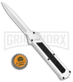 AKC F-16 White D/A OTF Automatic Knife - Dagger Satin Plain -Kershaw Shop AKC F 16 DA Dagger OTF White Satin BHQ 94221 jr bottlecap large