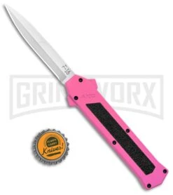AKC F-16 Pink D/A OTF Automatic Knife - Bayonet Satin Plain -Kershaw Shop AKC F 16 Pink DA OTF Auto Bayo Satin GX 37618 jr bottlecap large