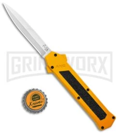 AKC F-16 Yellow D/A OTF Automatic Knife - Bayonet Satin Plain -Kershaw Shop AKC F 16 Yellow DA OTF Auto Bayo Satin GX 37617 jr bottlecap large