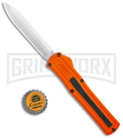 AKC F-20 Orange D/A OTF Drop Point Automatic Knife - Satin Plain -Kershaw Shop AKC F 20 DA Dagger OTF Auto Orange Satin BHQ 140491 jr bottlecap large