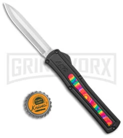 AKC F-20 Black W/ Tie Dye Inlay D/A OTF Automatic Knife - Satin Plain -Kershaw Shop AKC F 20 DA SP OTF Auto Black Tie Dye Inlay Satin BHQ 152893 jr bottlecap large