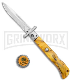 Italian Style 9" Roma Yellow Pearlex Automatic Swinguard - Polished Plain -Kershaw Shop AKC Italian Style 9in Roma DP Auto Swinguard Yellow Pearlex Polished BHQ 175957 jr bottlecap large