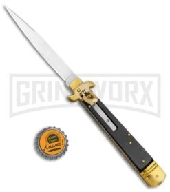 AKC 9" Leverletto Ebony Wood Brass Automatic Knife - Flat Grind 9 AKC 9" Leverletto Ebony Wood Brass Automatic Knife - Flat Grind -Kershaw Shop AKC Leverletto 9in LL Auto Italian Brass Ebony Wood Satin BHQ 50869 jr bottlecap large