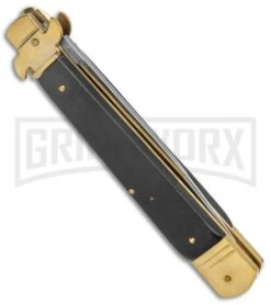 AKC 9" Leverletto Ebony Wood Brass Automatic Knife - Flat Grind 8 AKC 9" Leverletto Ebony Wood Brass Automatic Knife - Flat Grind -Kershaw Shop AKC Leverletto 9in LL Auto Italian Brass Ebony Wood Satin BHQ 50869 jr side large