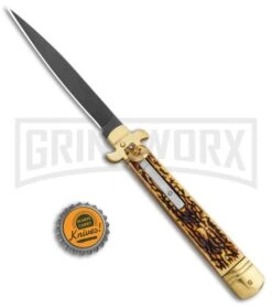 AKC 9" Leverletto Stag Horn Brass Black Automatic Knife - Flat Grind -Kershaw Shop AKC Leverletto 9in LL Auto Italian Brass Stag Horn Black BHQ 135092 jr bottlecap large