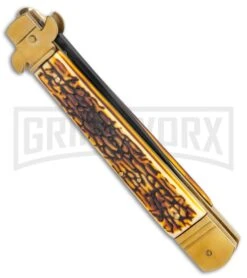 AKC 9" Leverletto Stag Horn Brass Black Automatic Knife - Flat Grind -Kershaw Shop AKC Leverletto 9in LL Auto Italian Brass Stag Horn Black BHQ 135092 jr side large