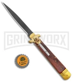 AKC 9" Leverletto Wood Brass Black Automatic Knife - Flat Grind -Kershaw Shop AKC Leverletto 9in LL Auto Italian Brass Wood Black BHQ 135093 jr bottlecap large