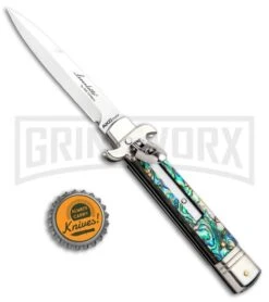 AKC 7.75" Leverletto Abalone Automatic Knife - Bayonet -Kershaw Shop AKC Leverletto Abalone Auto Bayo BHQ 92874 jr bottlecap large