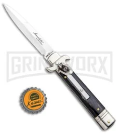 AKC 7.75" Leverletto Dark Horn Automatic Knife - Satin Bayonet -Kershaw Shop AKC Leverletto LL Auto Dark Horn Bayo GX 0299 jr bottlecap large