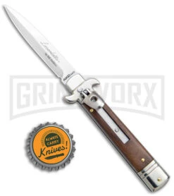AKC 7.75" Bill DeShivs Leverletto Cocobolo Auto Knife - Satin Plain Bayonet -Kershaw Shop AKC Leverletto LL Auto Italian Cocobolo Satin Bayo BHQ 139808 jr bottlecap large