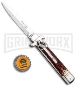 AKC 7.75" Leverletto Stag Automatic Knife - Satin Bayonet -Kershaw Shop AKC Leverletto Stag Auto Bayo GX 33460 jr bottlecap large